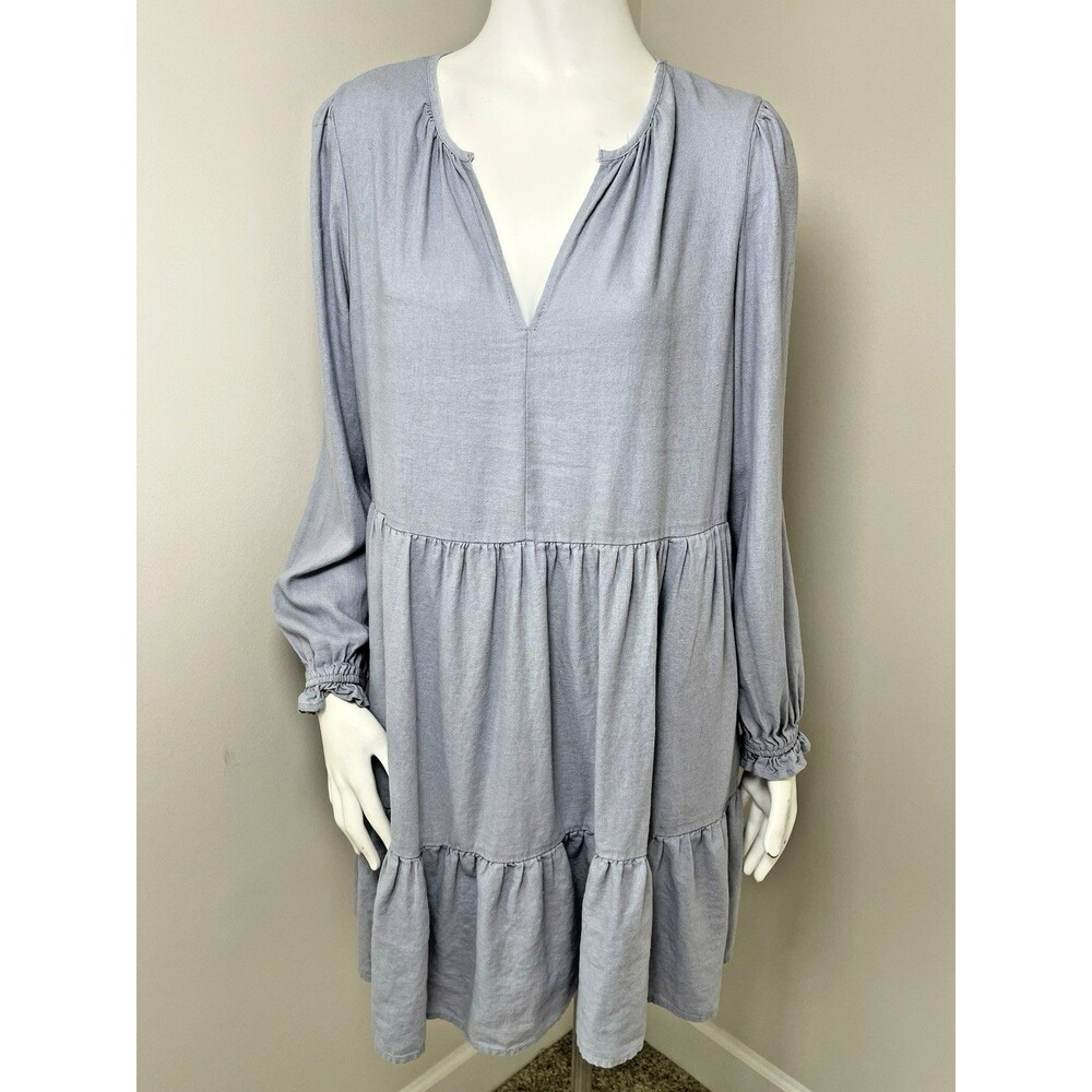 Cynthia Rowley Linen Blend Babydoll‎ Tiered Mini Dress Puff Sleeve M Cottage